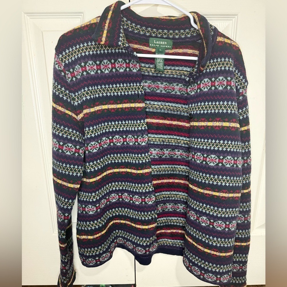 Lauren‎ Ralph Lauren Fair Isle LambsWool Cardigan Sweater Women L Vintage Nordic